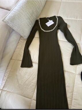Wayf Olive Ribbed Long Sleeve Maxi Dress with Embellished Scoop Neck